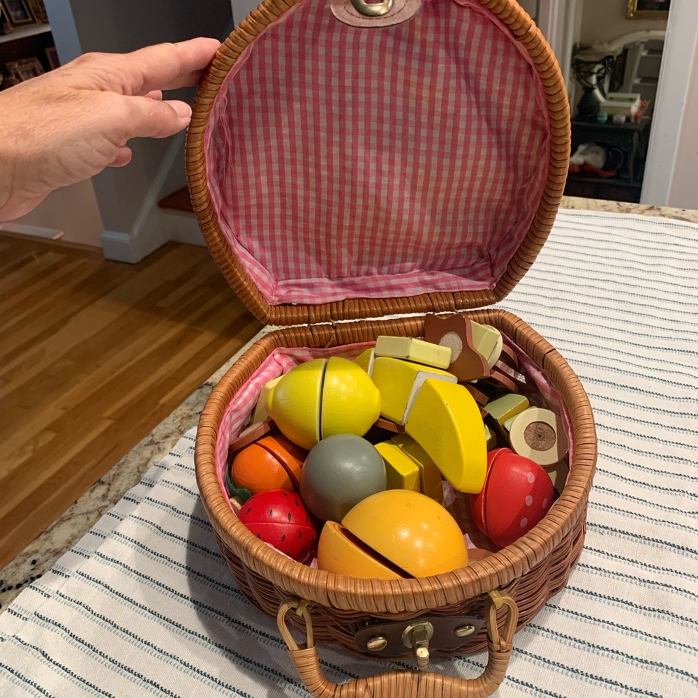 Brown Wicker Picnic Basket with wooden fruit